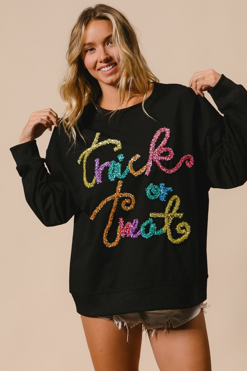 Tinsel Trick Or Treat Lettering Halloween Pullover