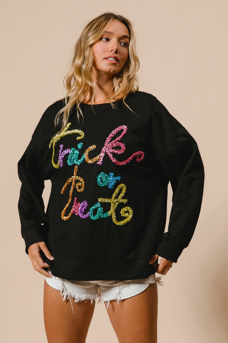 Tinsel Trick Or Treat Lettering Halloween Pullover