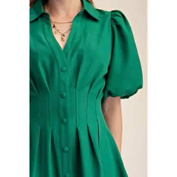 Shirt Dress Balloon Sleeve Waist Pleated Mini Fit & Flare