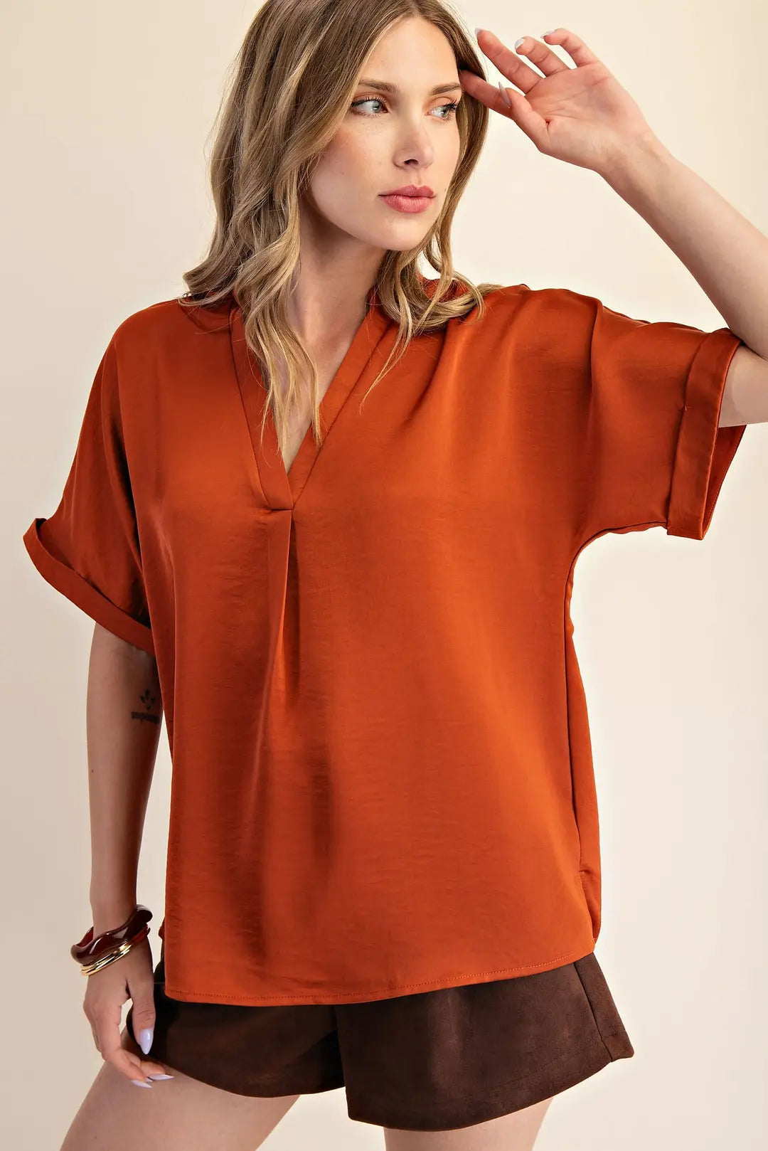 V-Neck Placket Cuffs Sleeve Top