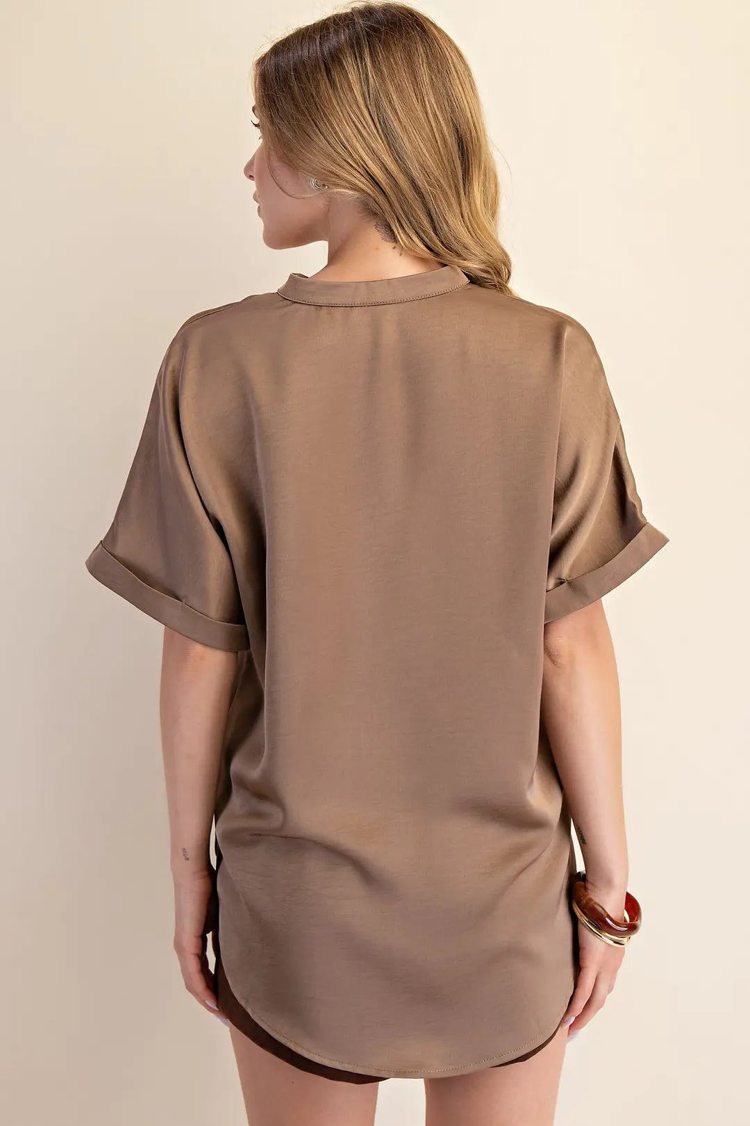 V-Neck Placket Cuffs Sleeve Top