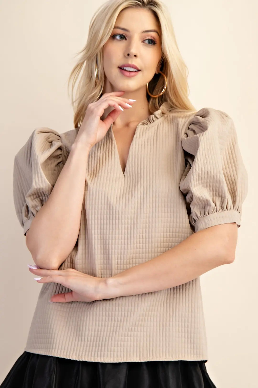 Ruffle V-Neck Puff Sleeve Top