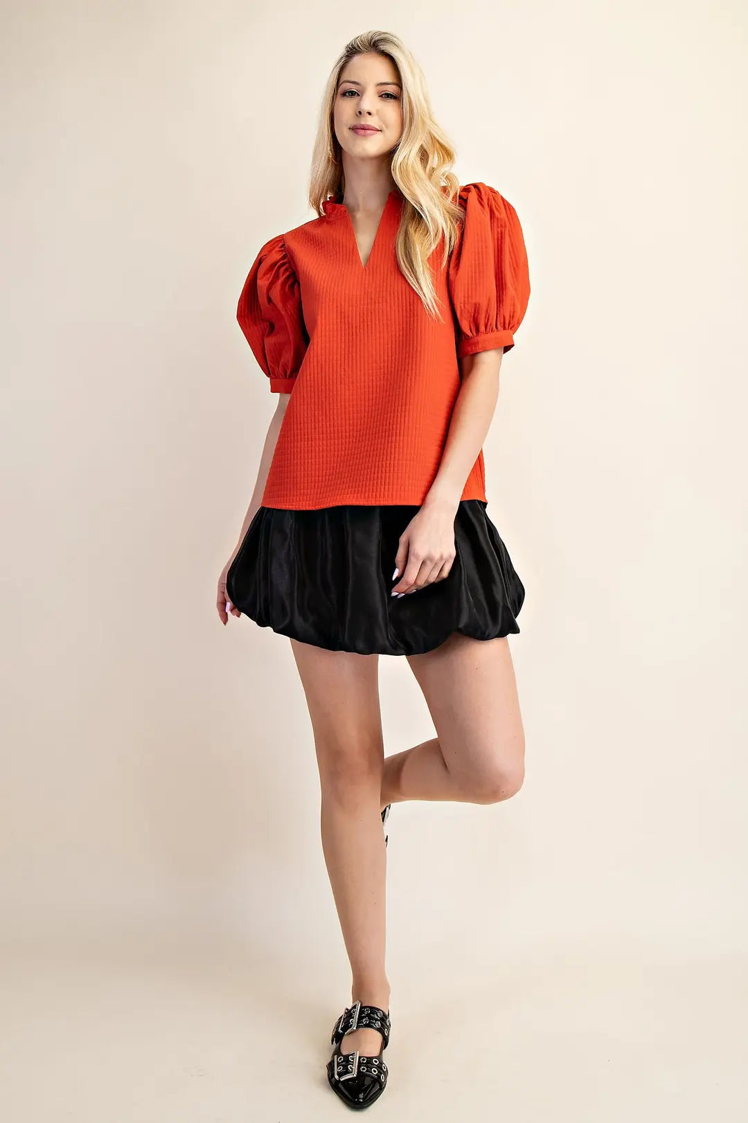 Ruffle V-Neck Puff Sleeve Top