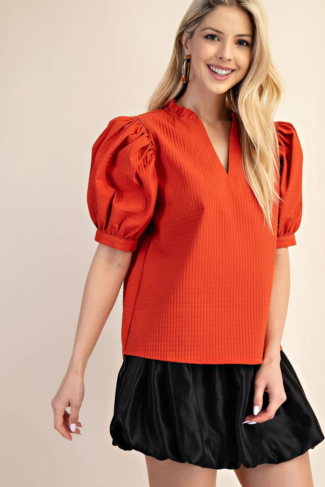Ruffle V-Neck Puff Sleeve Top
