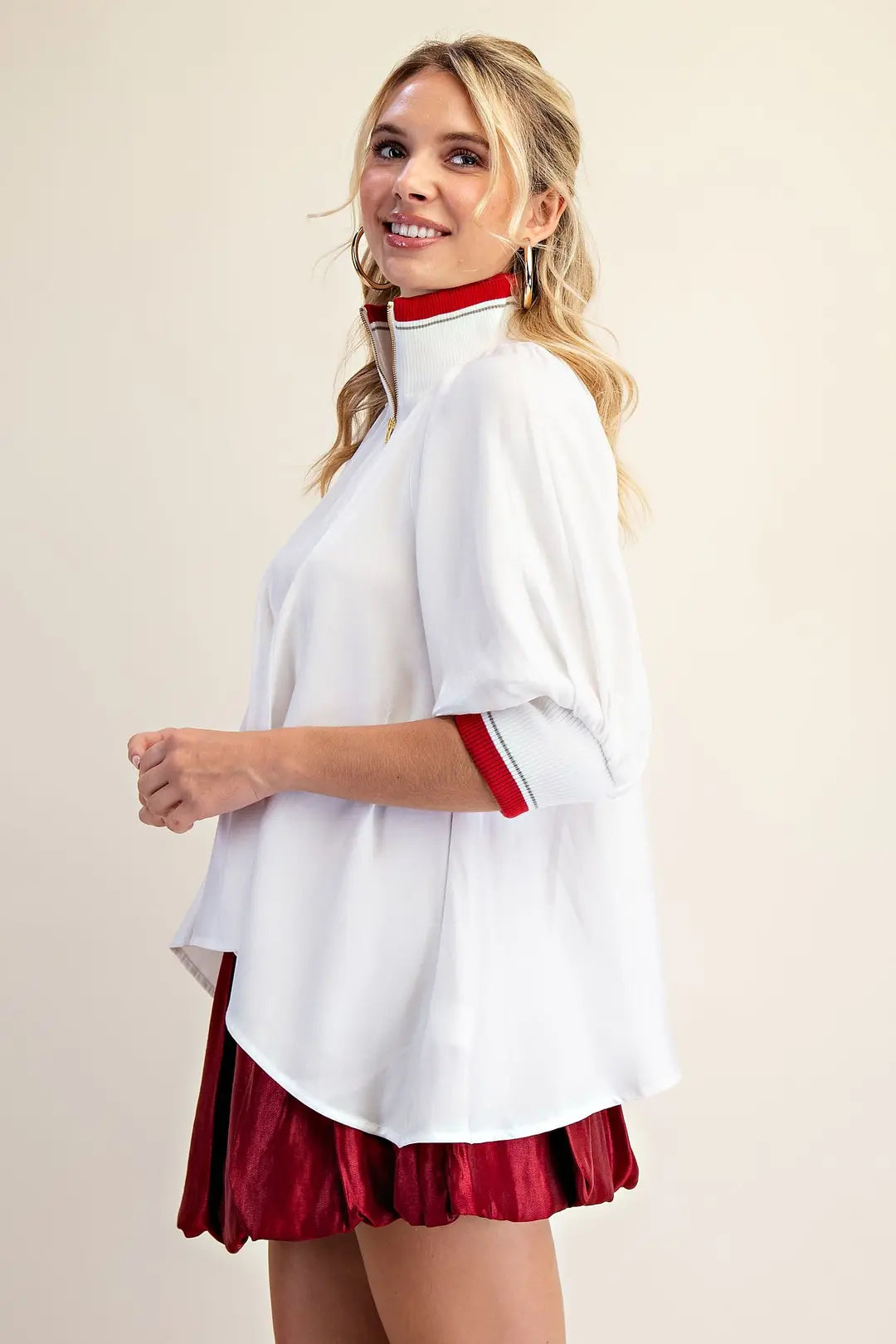 Mock Neck Band Puff Sleeve Blouse