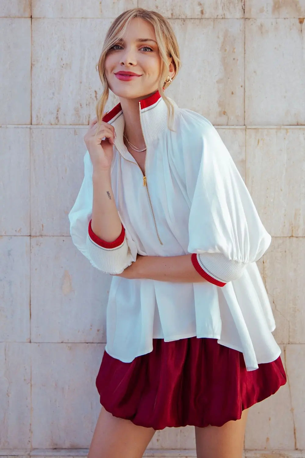 Mock Neck Band Puff Sleeve Blouse