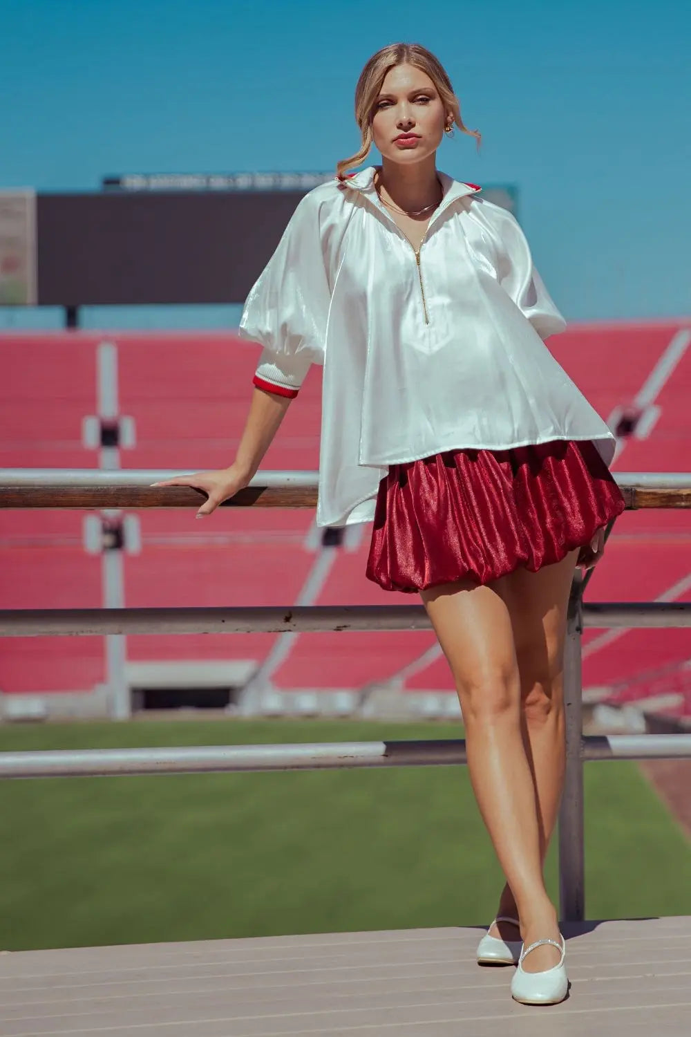 Mock Neck Band Puff Sleeve Blouse