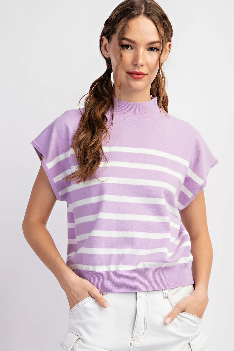 Mock Neck Short Sleeve Stripe Sweater