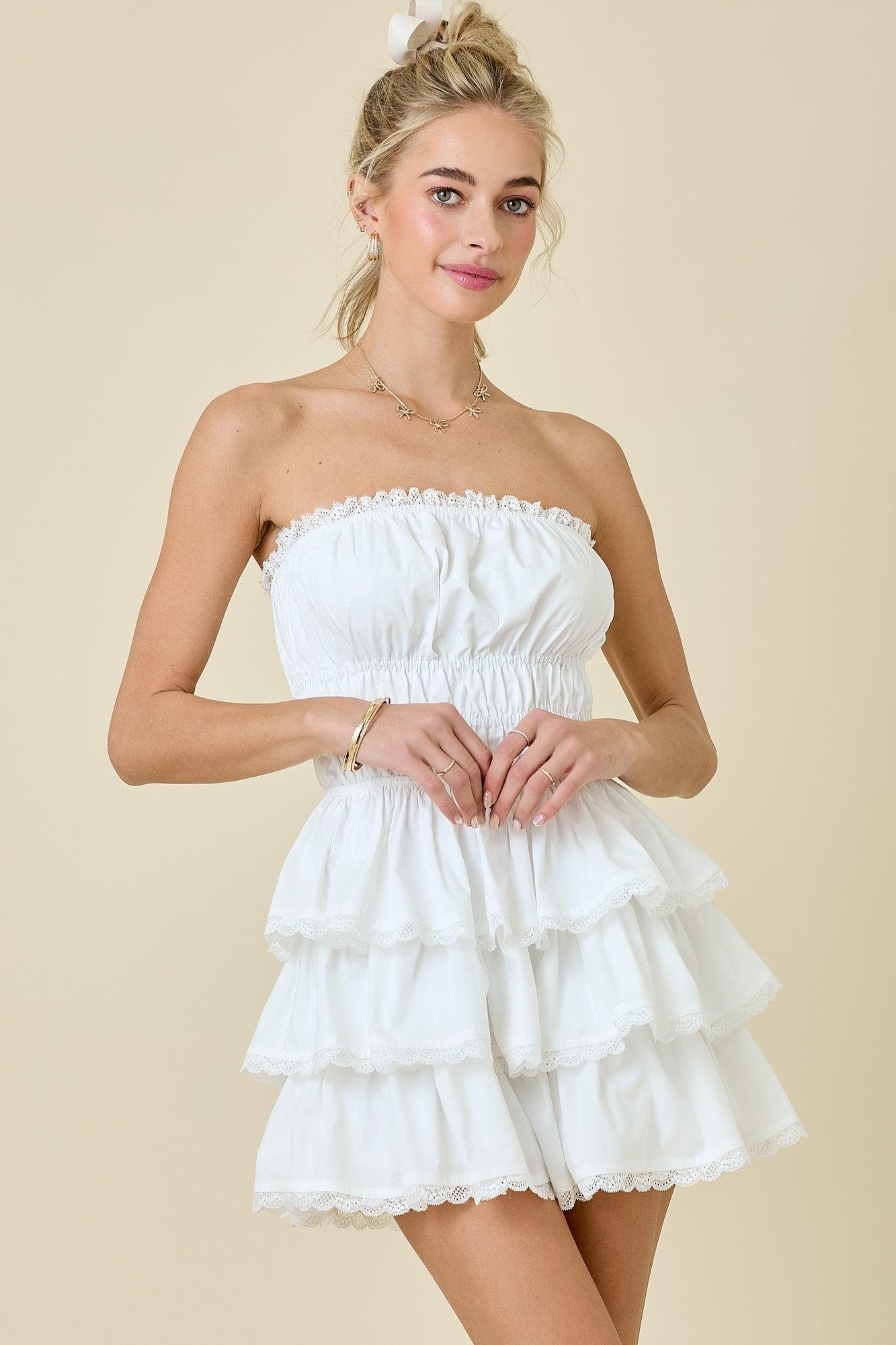 STRAPLESS TIERED LACE Trim MINI DRESS