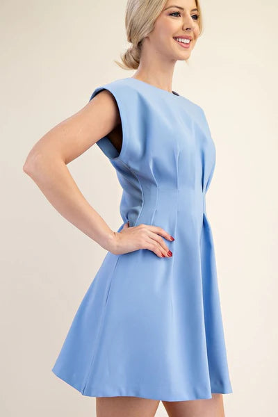 Round Neck Waist Pleated Mini Dress