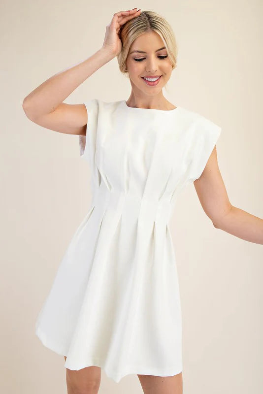 Round Neck Waist Pleated Mini Dress
