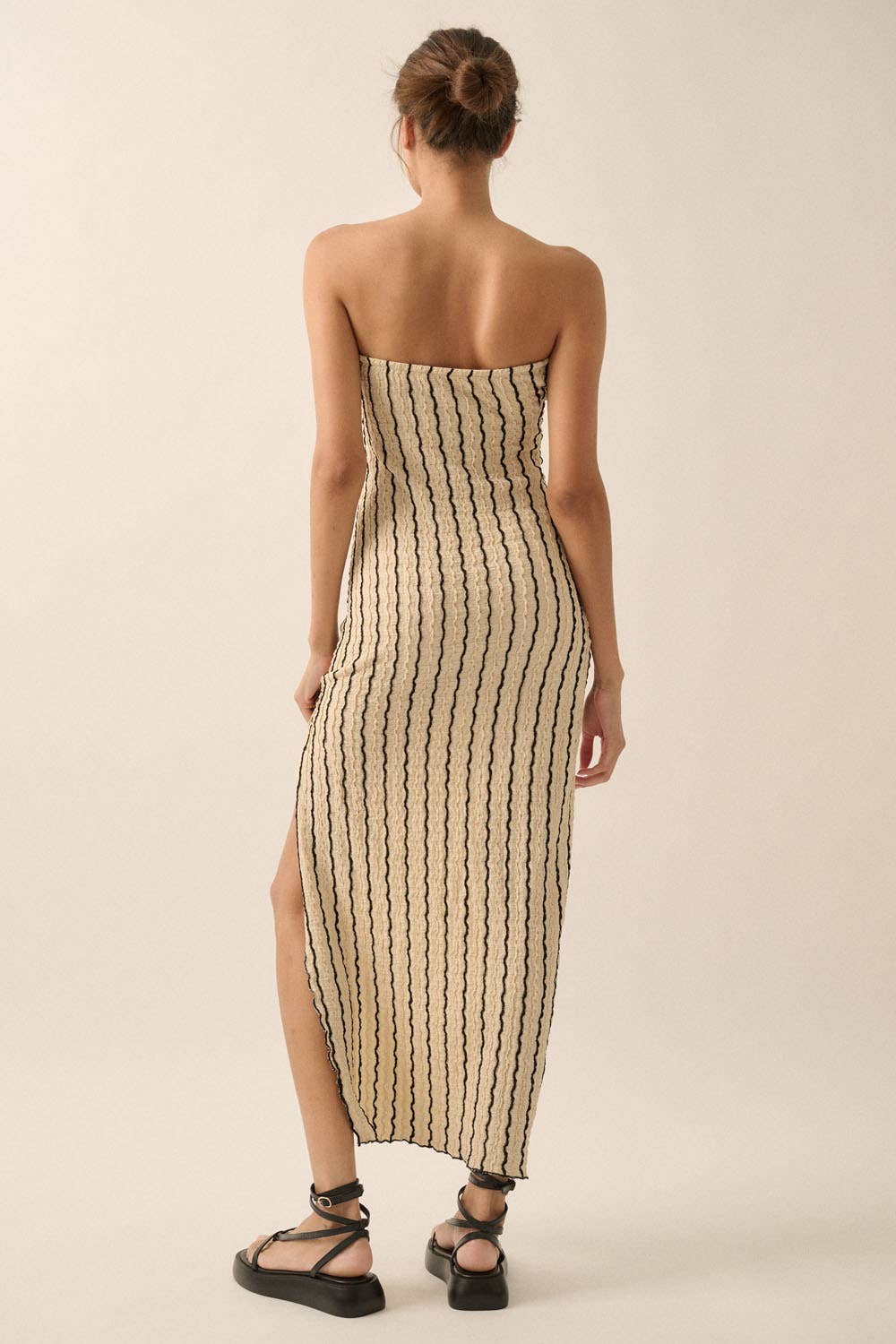 Textured Striped Knit Strapless Maxi Tube Dress