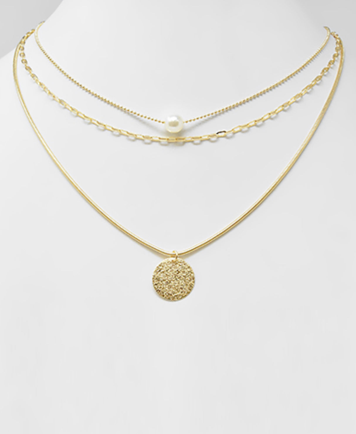 3 Layered Pearl & Metal Charm Chain Necklace