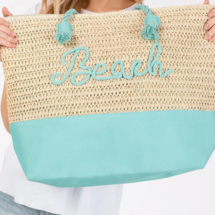Sewn Rope Beach Letter Color Straw Tote Bag