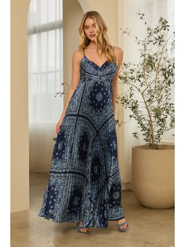 Bandana Print Pleated Maxi Dress