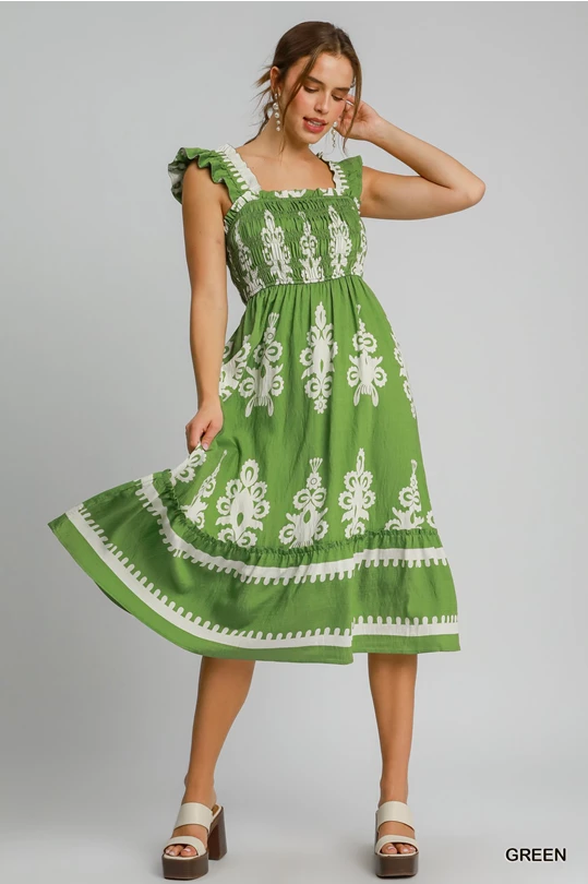 Abstract Smocked Midi Dress