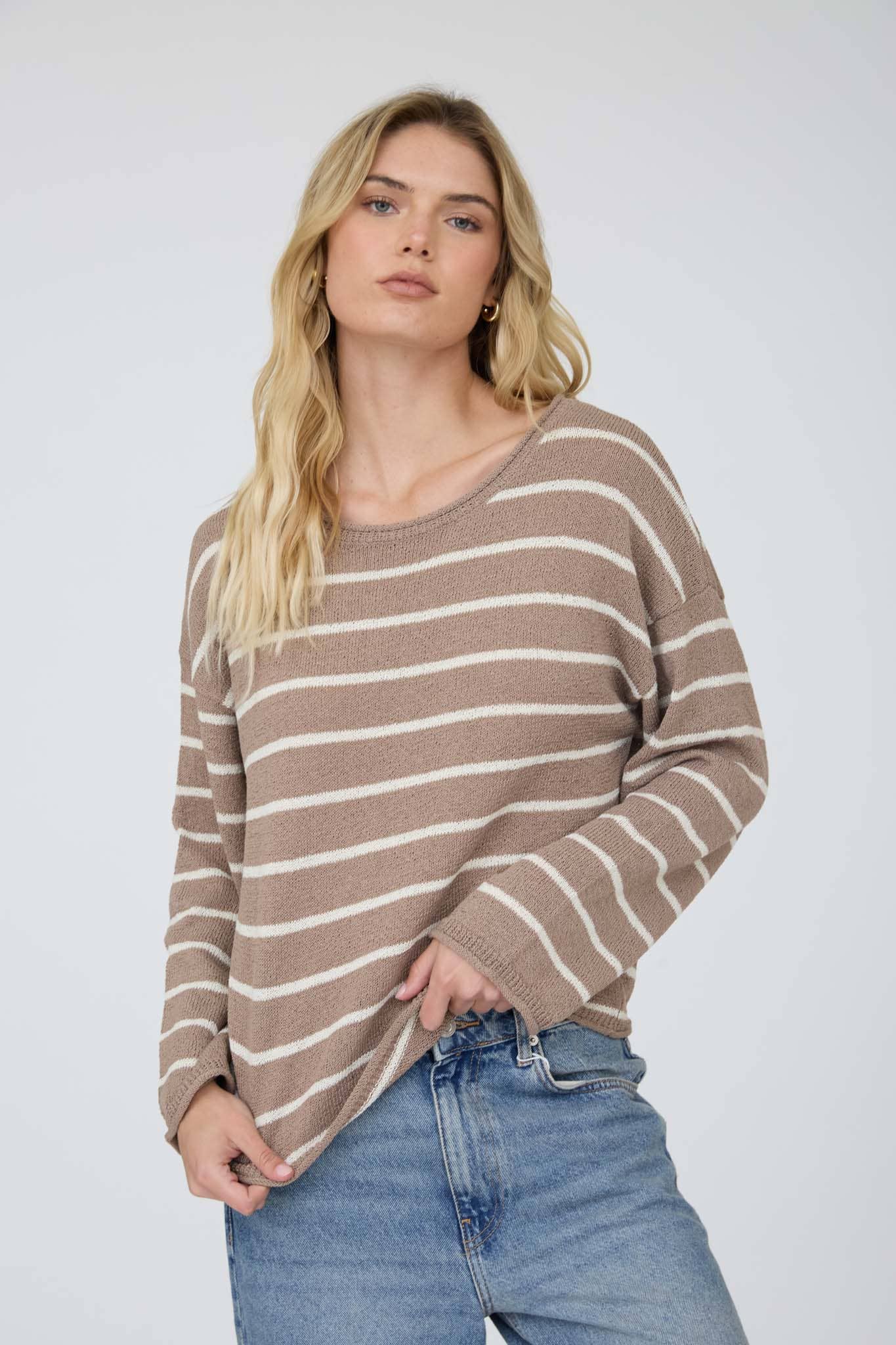STRIPE TEXTURED RAW EDGE LONG SLEEVE KNIT SWEATER-BACKORDER