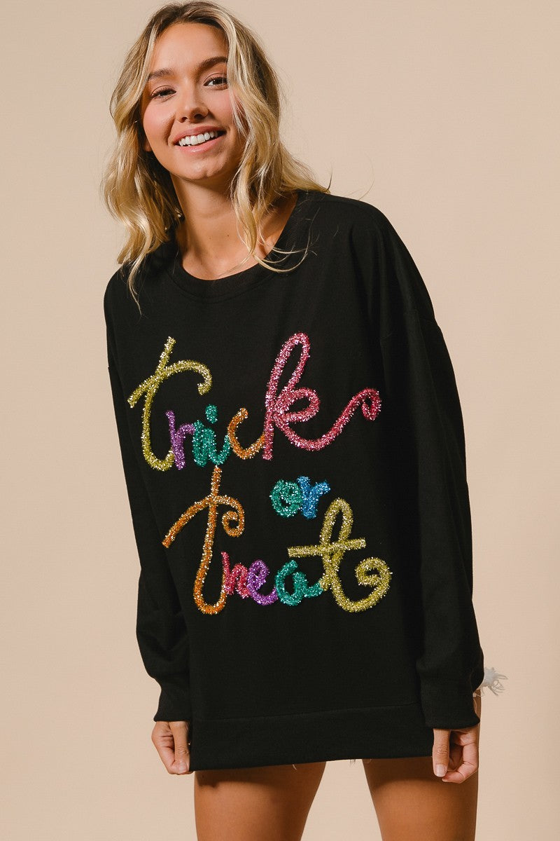 Tinsel Trick Or Treat Lettering Halloween Pullover