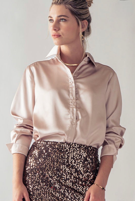 Button Down Silky Blouse Champagne
