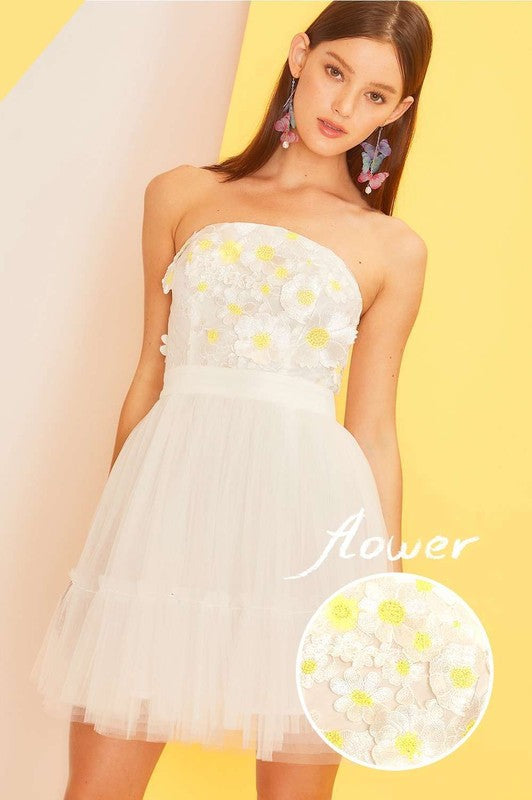 3D Flower Top With Mesh Skirt Mini Tube Dress