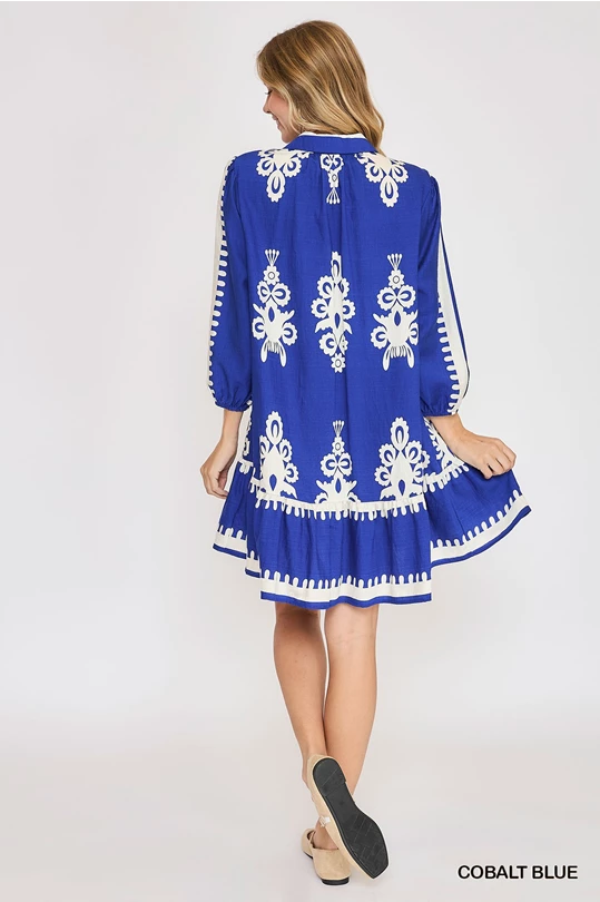 Border Print Tiered Hem Dress