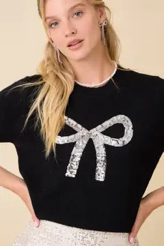 Short Sleeve Sweater Knit Top With Sequin Ribbon Bow