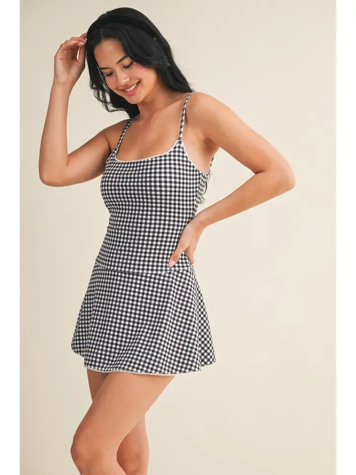 Gingham Print Lace Trim Ruffle Mini Dress