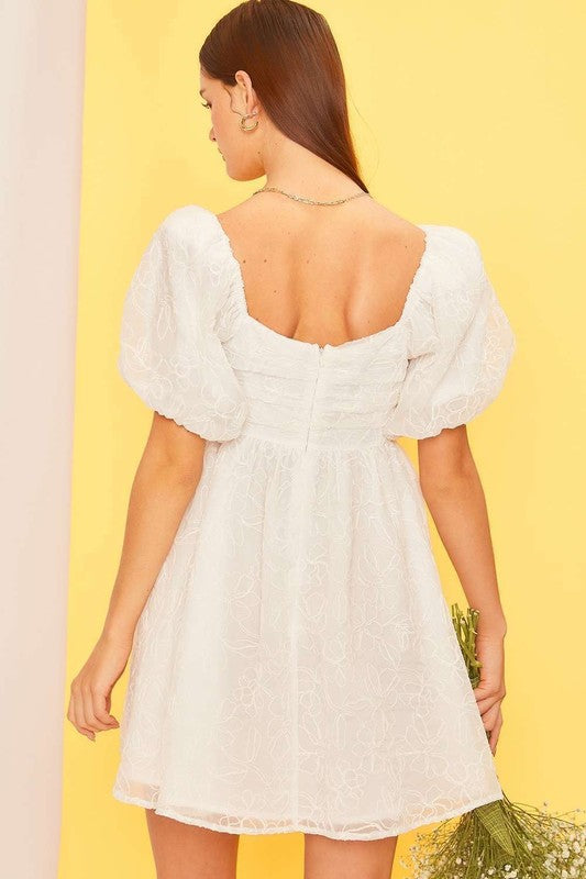 Floral EMB Puff Sleeve Babydoll Dress