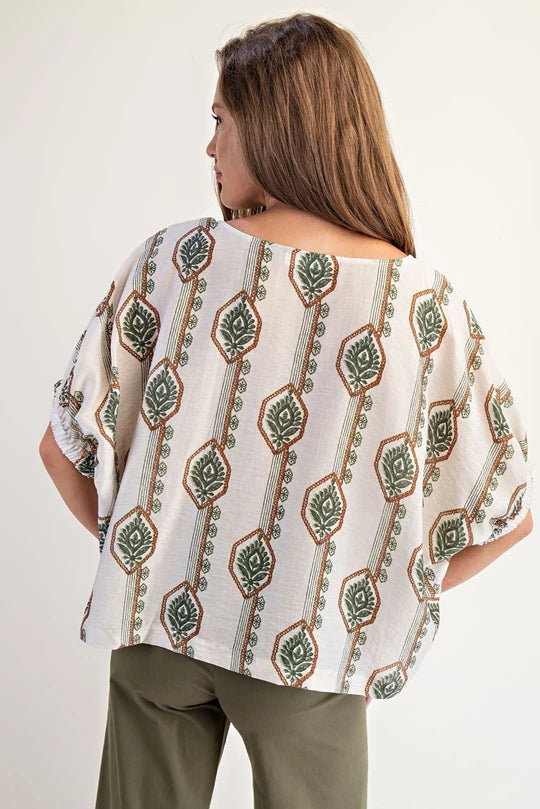 Geometric Floral Printed Elastic Cuff Blouse