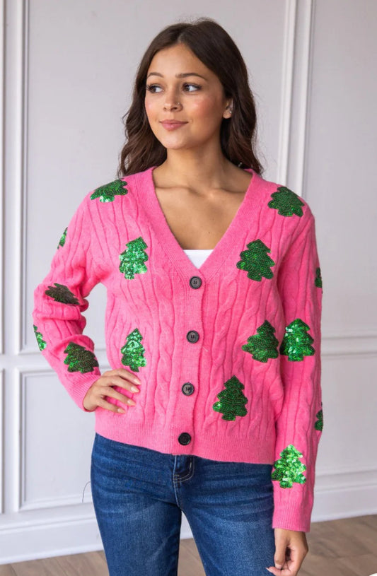 Sequin Trees Pink Cardigan