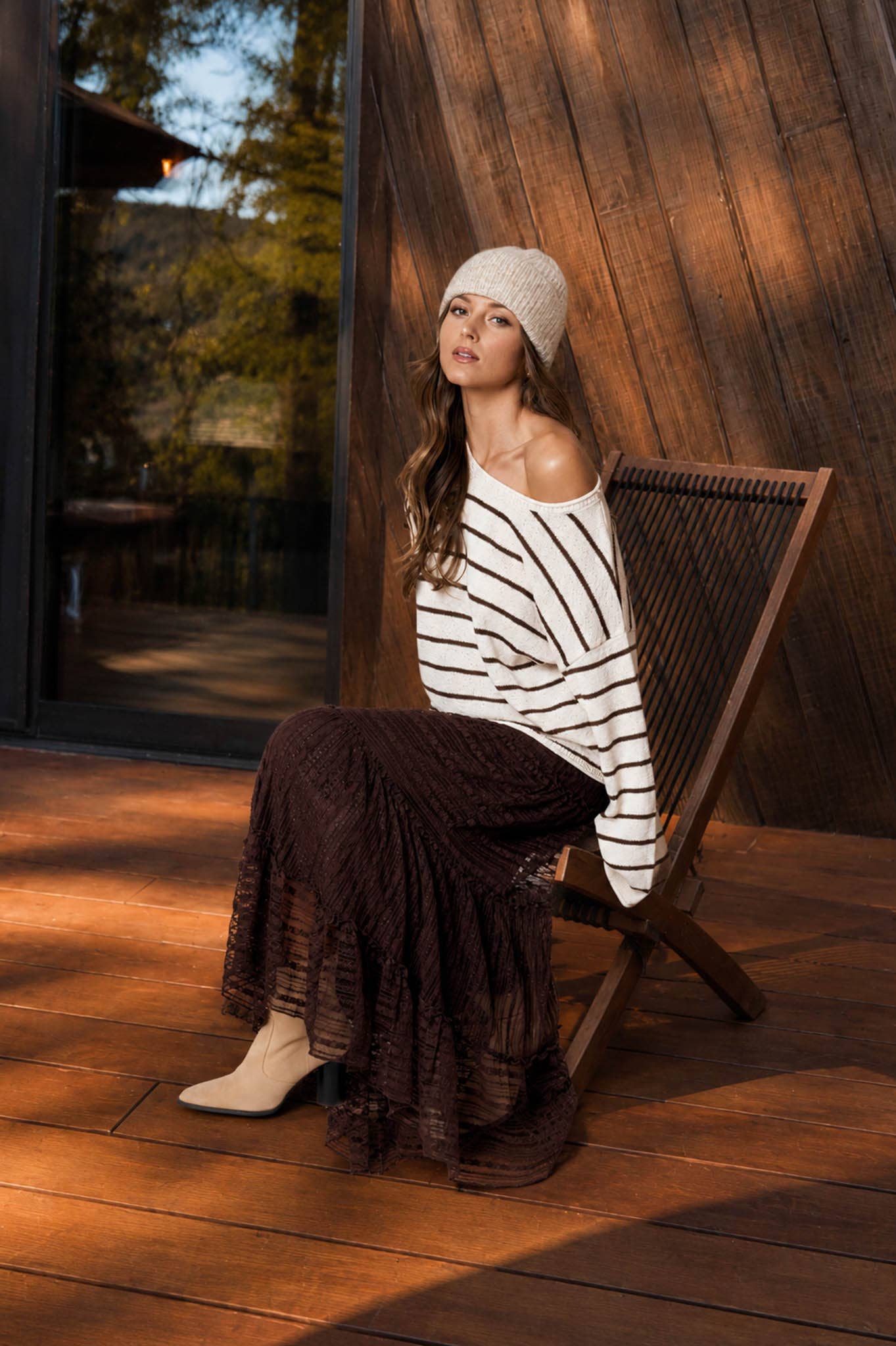 STRIPE TEXTURED RAW EDGE LONG SLEEVE KNIT SWEATER-BACKORDER
