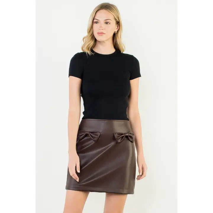 Bow Detail Faux Leather Mini Skirt