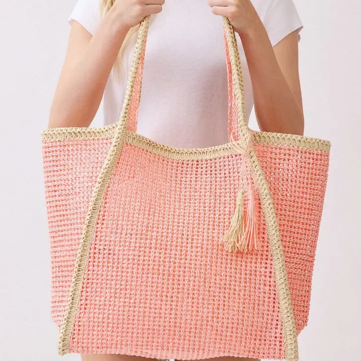 Two Tone Woven Straw Beach Tote Bag