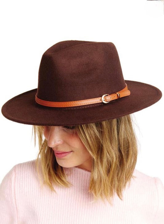 Leather Belt Felt Fedora Hat Brown