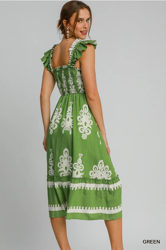 Abstract Smocked Midi Dress