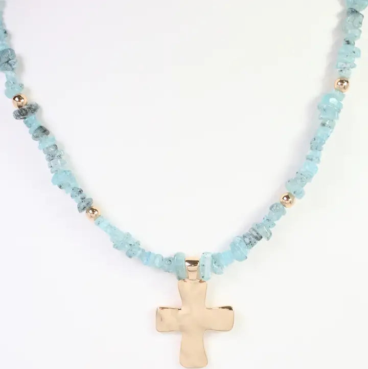 Holland Beaded Cross Necklace Aqua