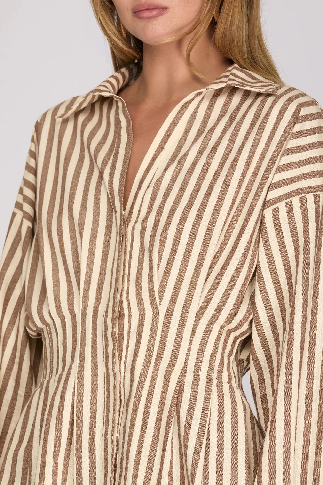 LONG SLEEVE FRONT WAIST PINTUCK BACK SMOCKING WOVEN STRIPE BUTTON DOWN SHIRT