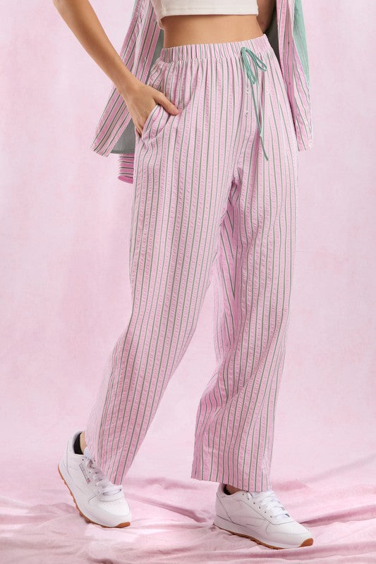 Stripe Waist Ribbon Detail Straight Pants