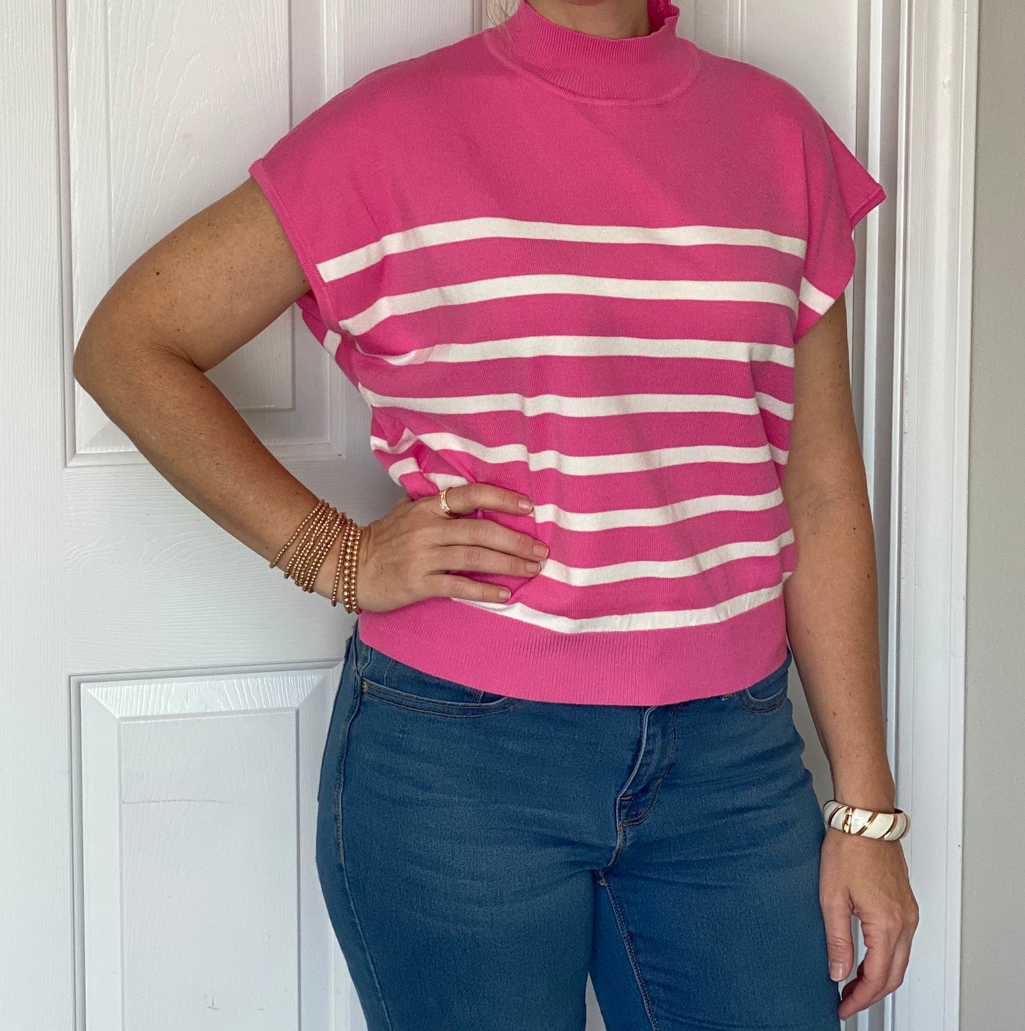 Mock Neck Short Sleeve Stripe Sweater