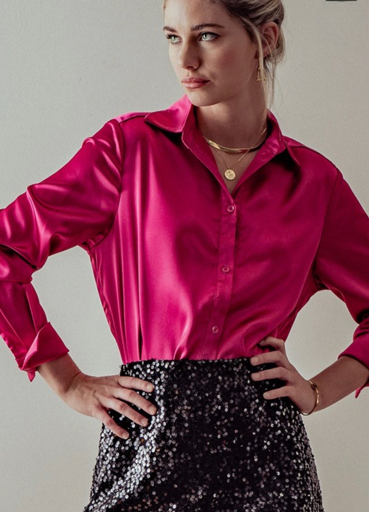 Button Down Silky Blouse Magenta