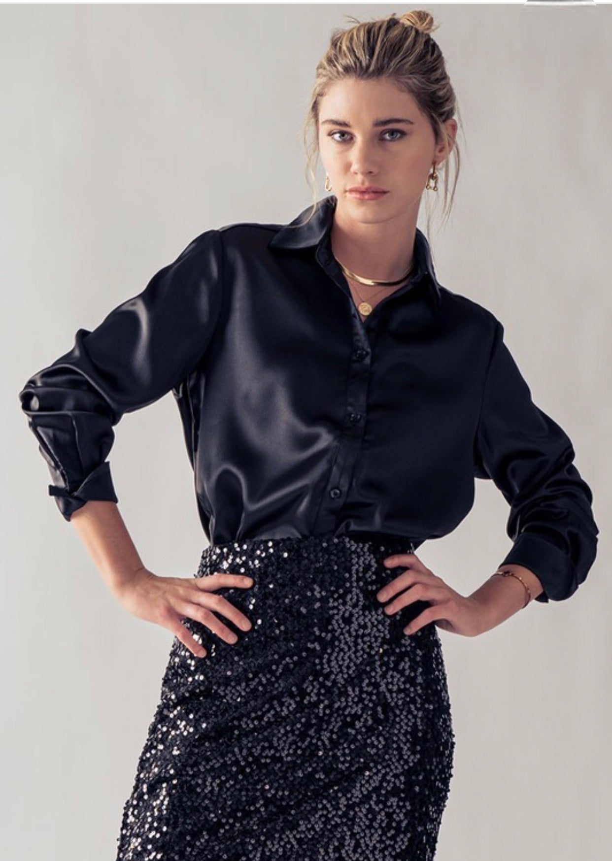 Button Down Silky Blouse Black