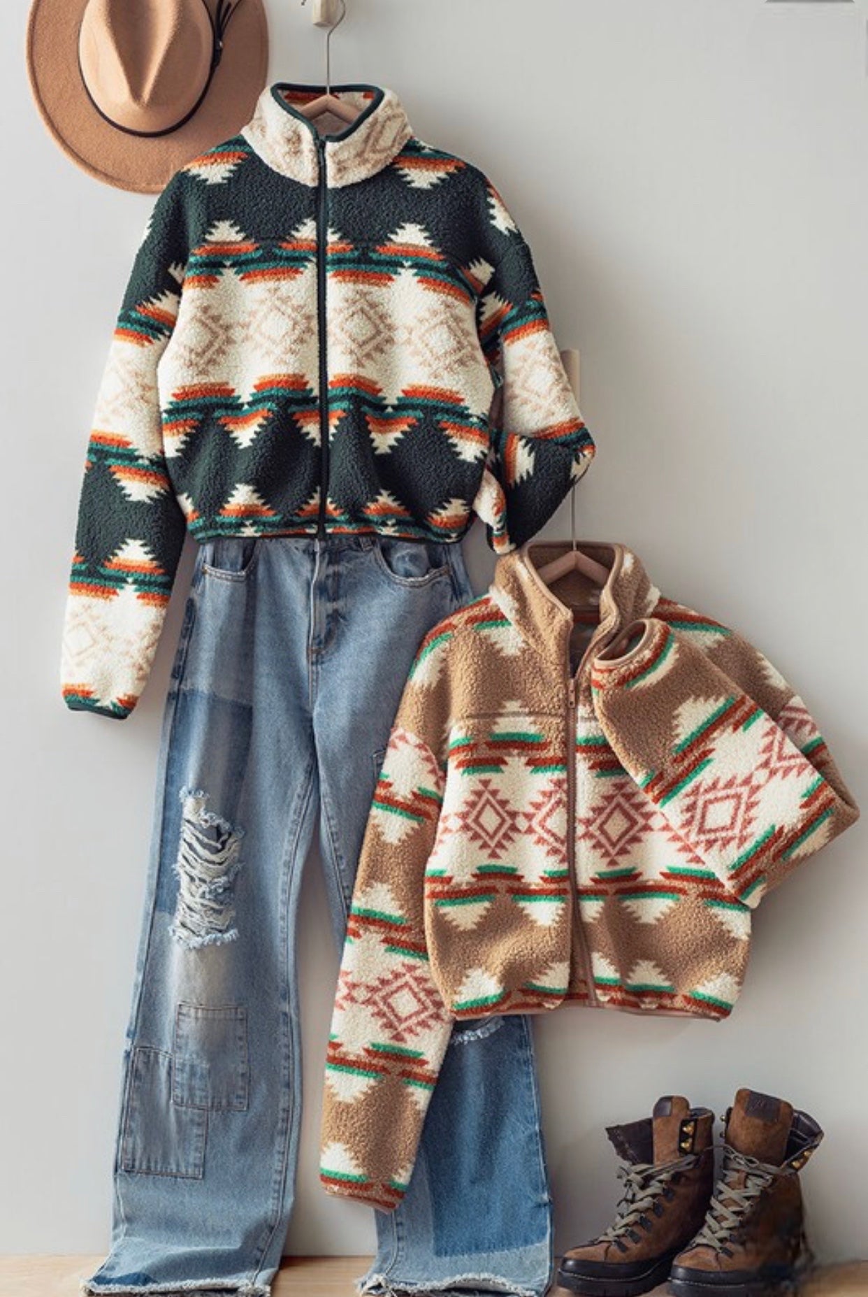 Aztec Sherpa Cropped Jacket Hunter