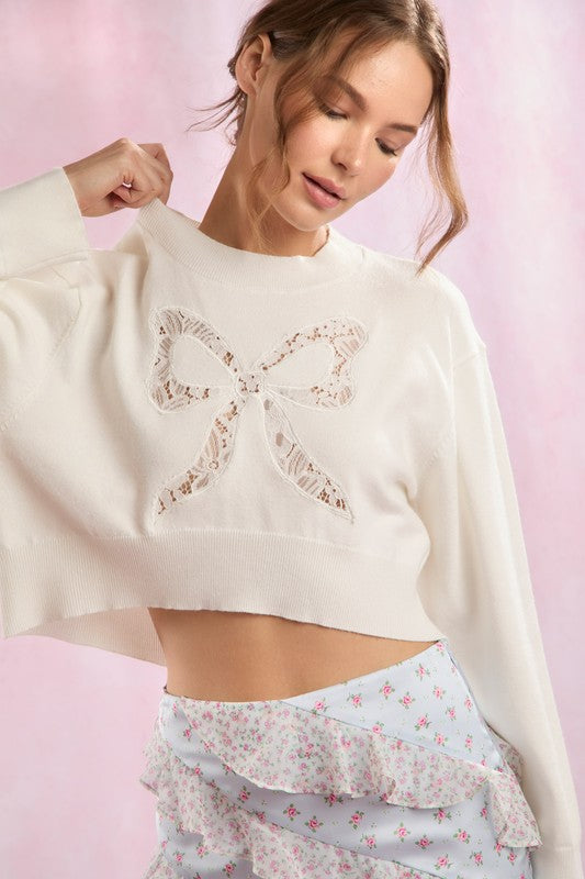 Bow Lace Laser Cut Embroidery Short Sleeve Top