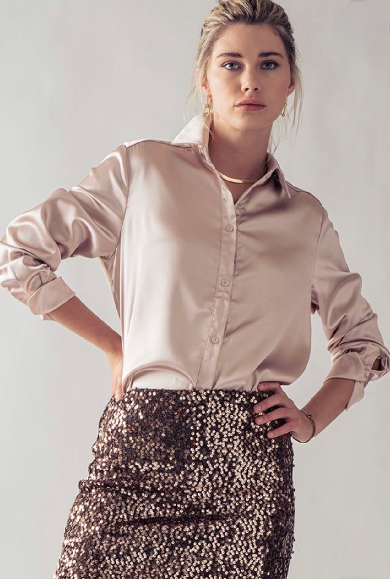 Button Down Silky Blouse Champagne