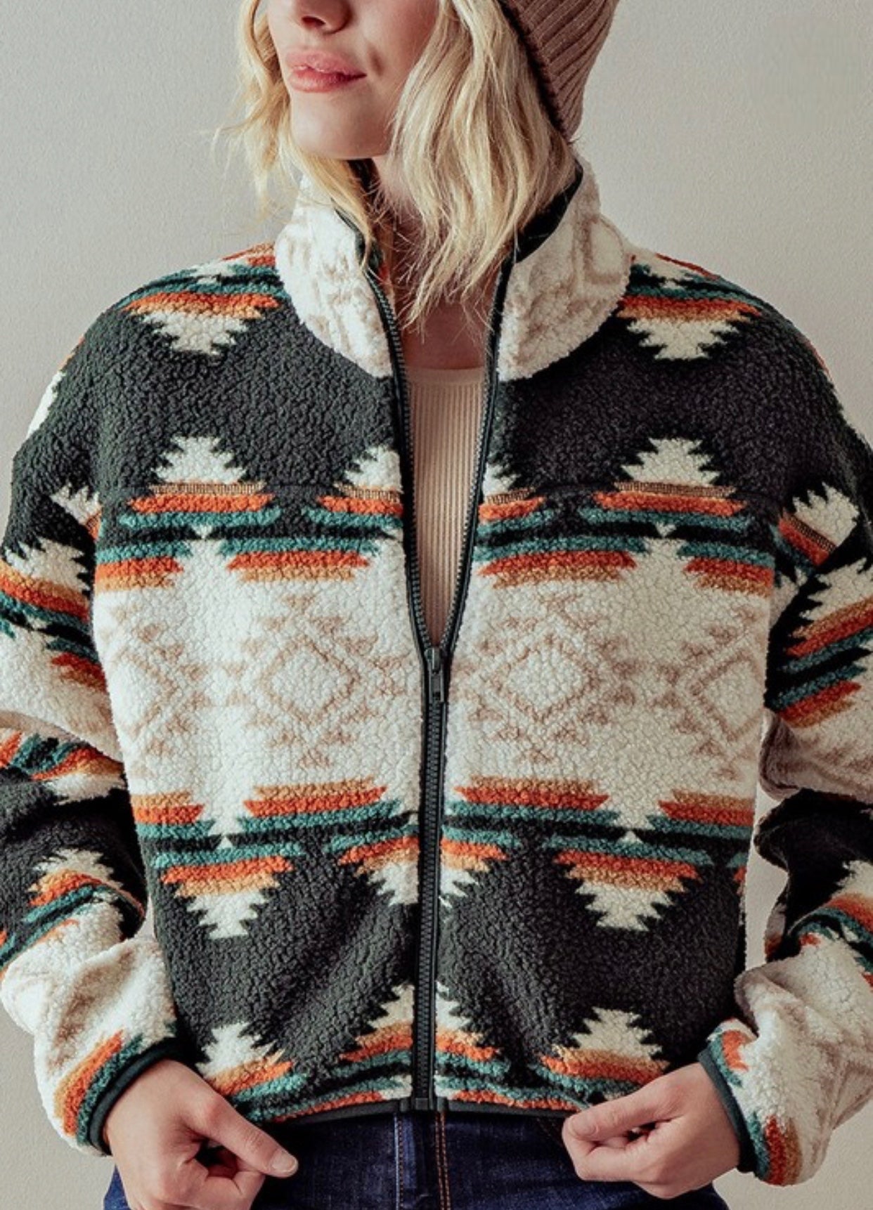Aztec Sherpa Cropped Jacket Hunter