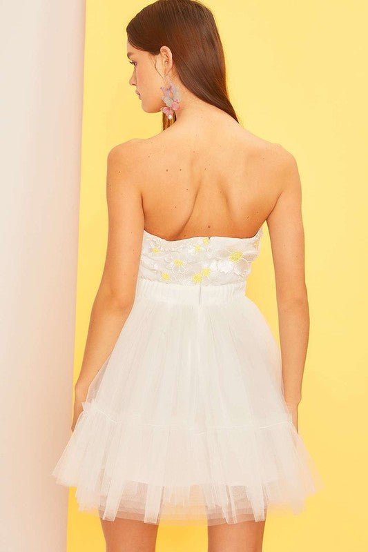 3D Flower Top With Mesh Skirt Mini Tube Dress
