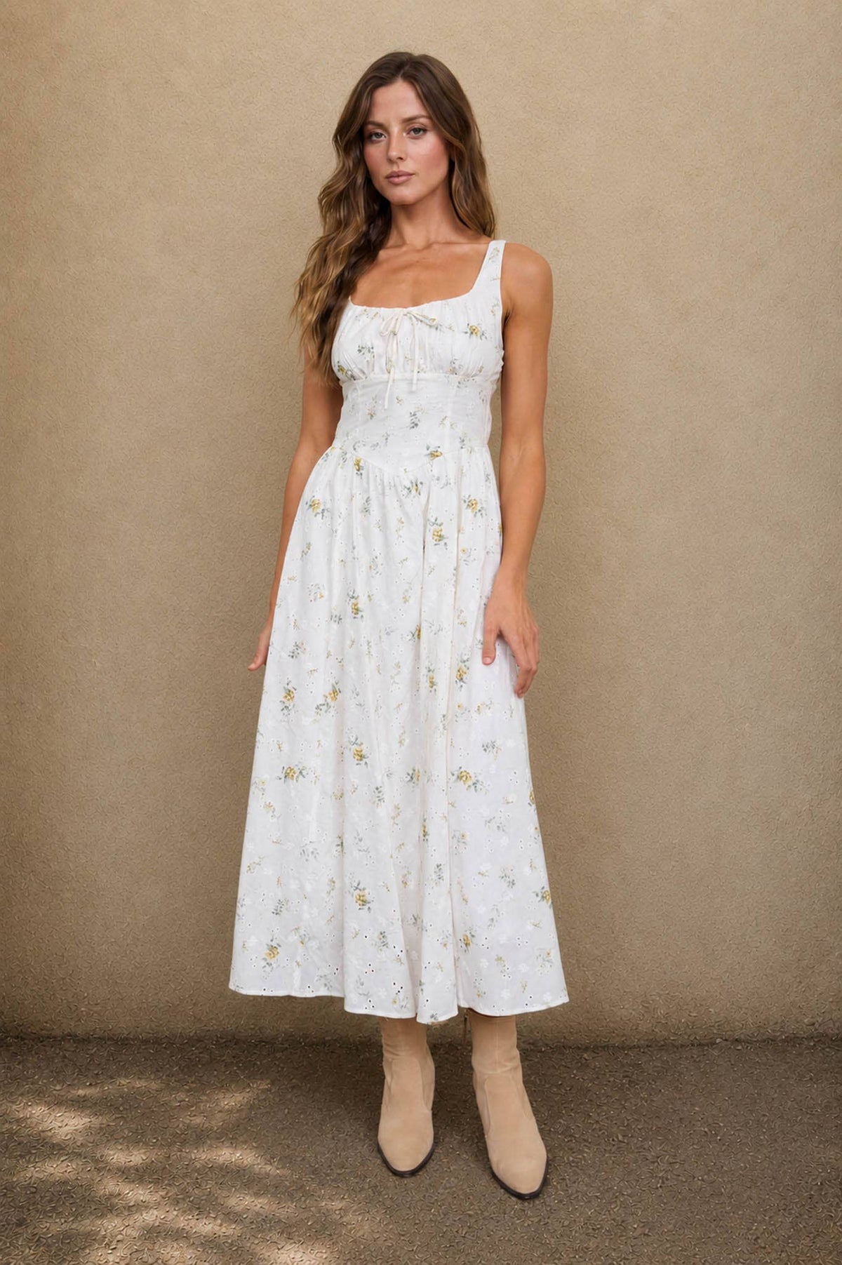 FLORAL EYELET TIE FRONT CORSET MIDI DRESS