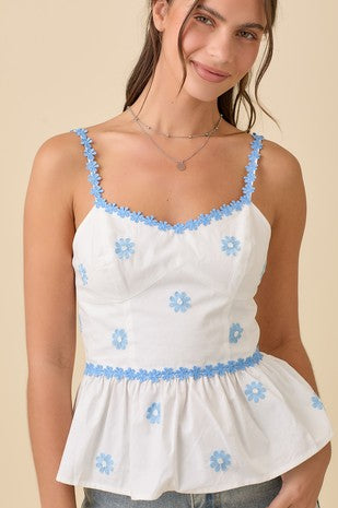 Fitted Bustier Tank Top With Flower Lace Trim