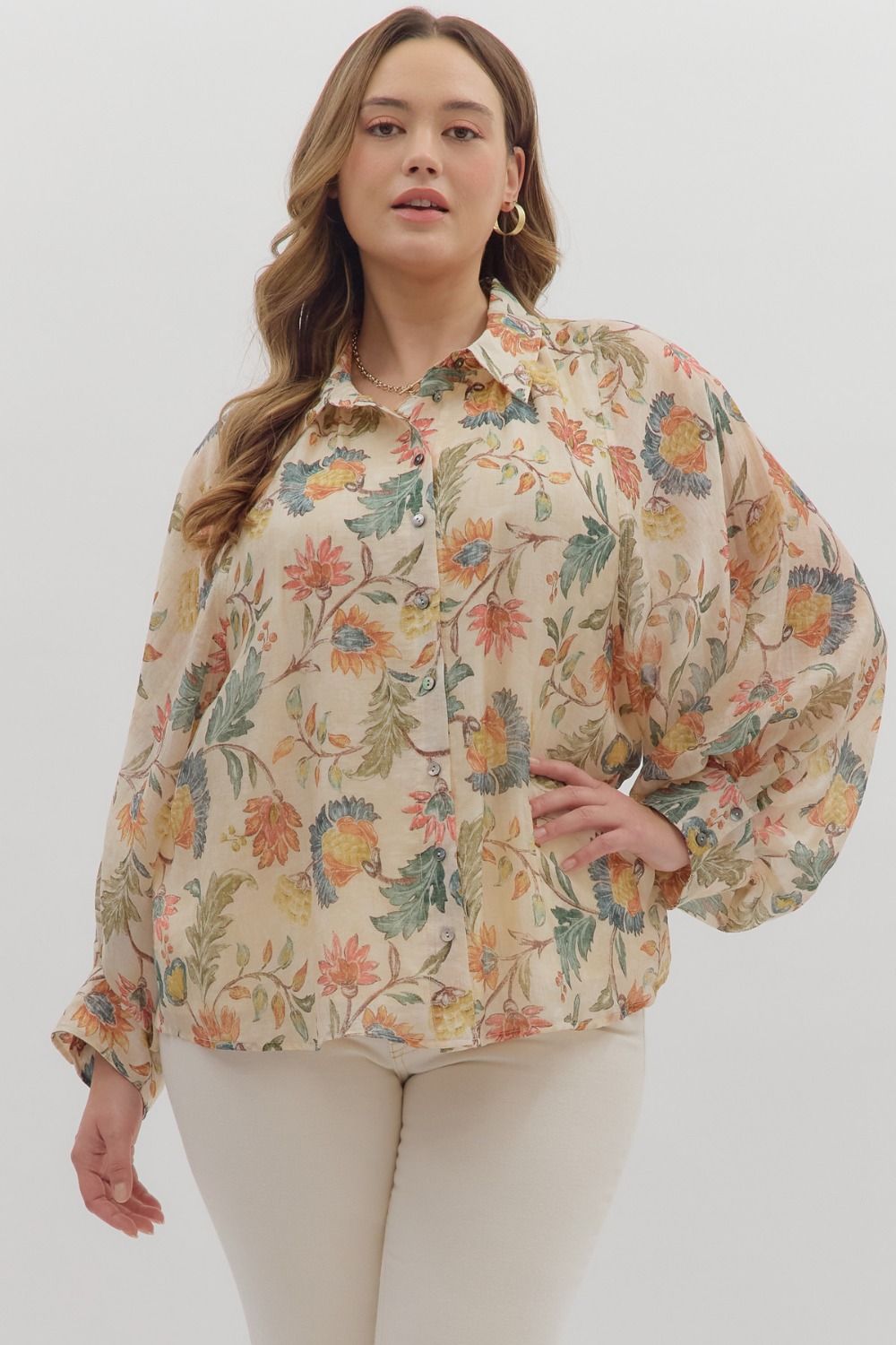 Floral Print Long Sleeve Button-down Top
