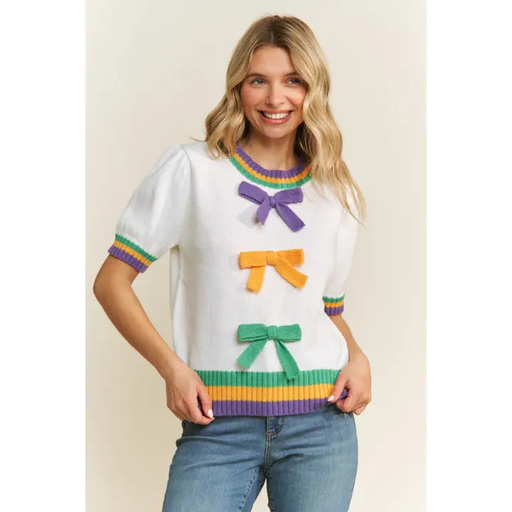 Mardi Gras Bow Short Sleeve Sweater